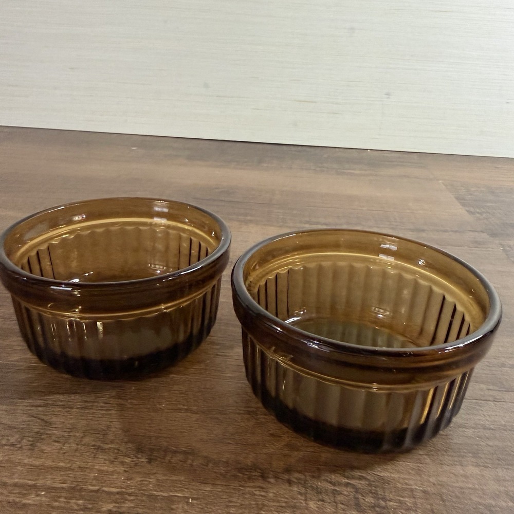 Anchor Hocking 1434 Amber Custard Ramekin (Set of 2) Ribbed Oven Proof USA VTG